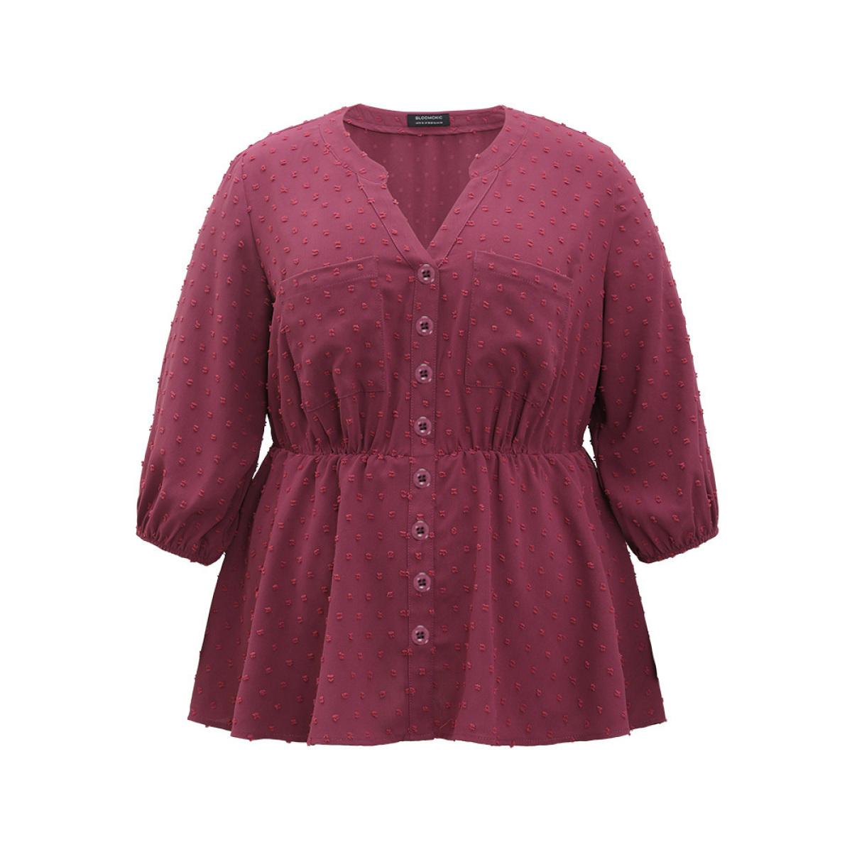 Plus Size Purple Plain Notched Button Through Lantern Sleeve Blouse Women Office Elbow-length sleeve Notched collar Office Blouses BloomChic 28/5X Product Image