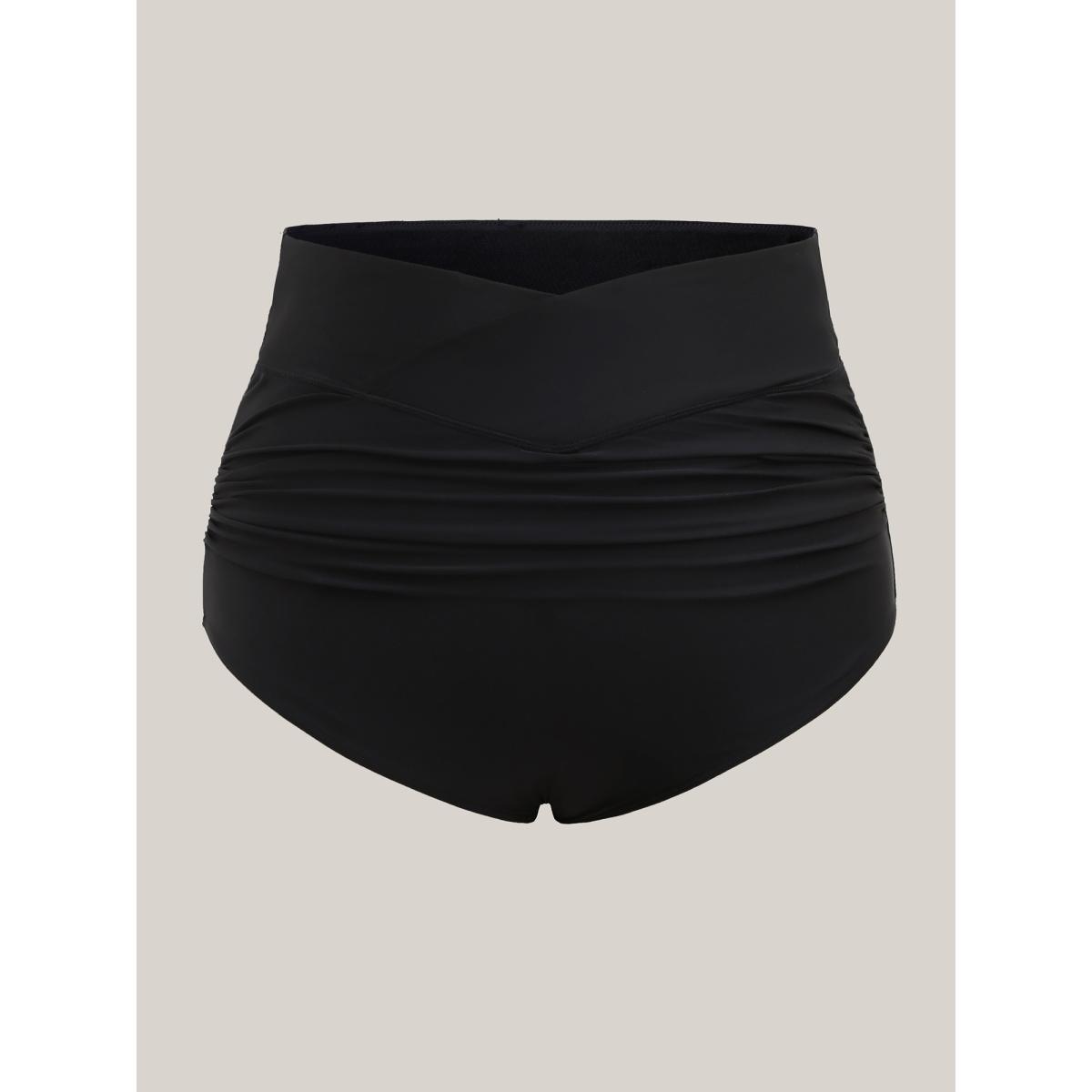 Plus Size Cross High Waist Ruched Swim Bottoms Women's Swimwear Black Resort Overlapping High stretch Skinny High Rise Curve Swim Bottoms BloomChic 28/5X Product Image