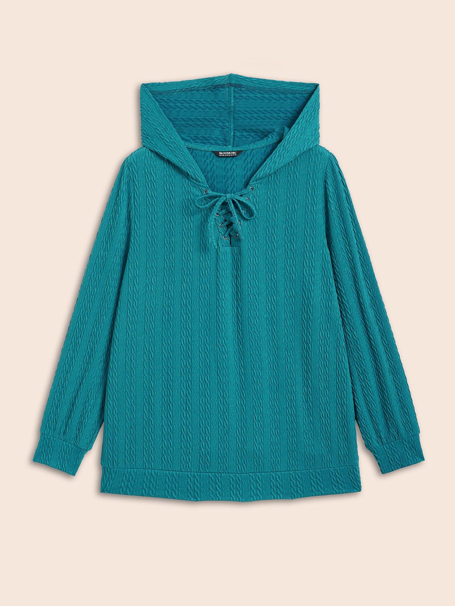Plain Textured Lace Up Hooded Sweatshirt Female Product Image
