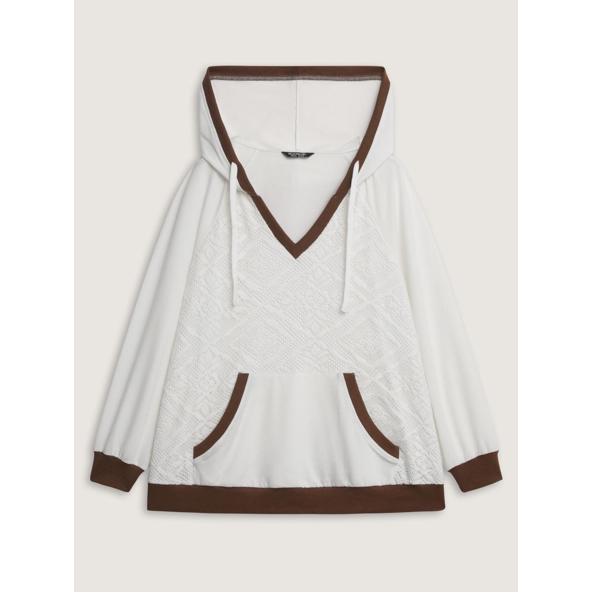 Plus Size Supersoft Lace Trim Colorblock Hoodie Women Ivory Leisure Contrast Hooded Casual Sweatshirts BloomChic 26/4X Product Image