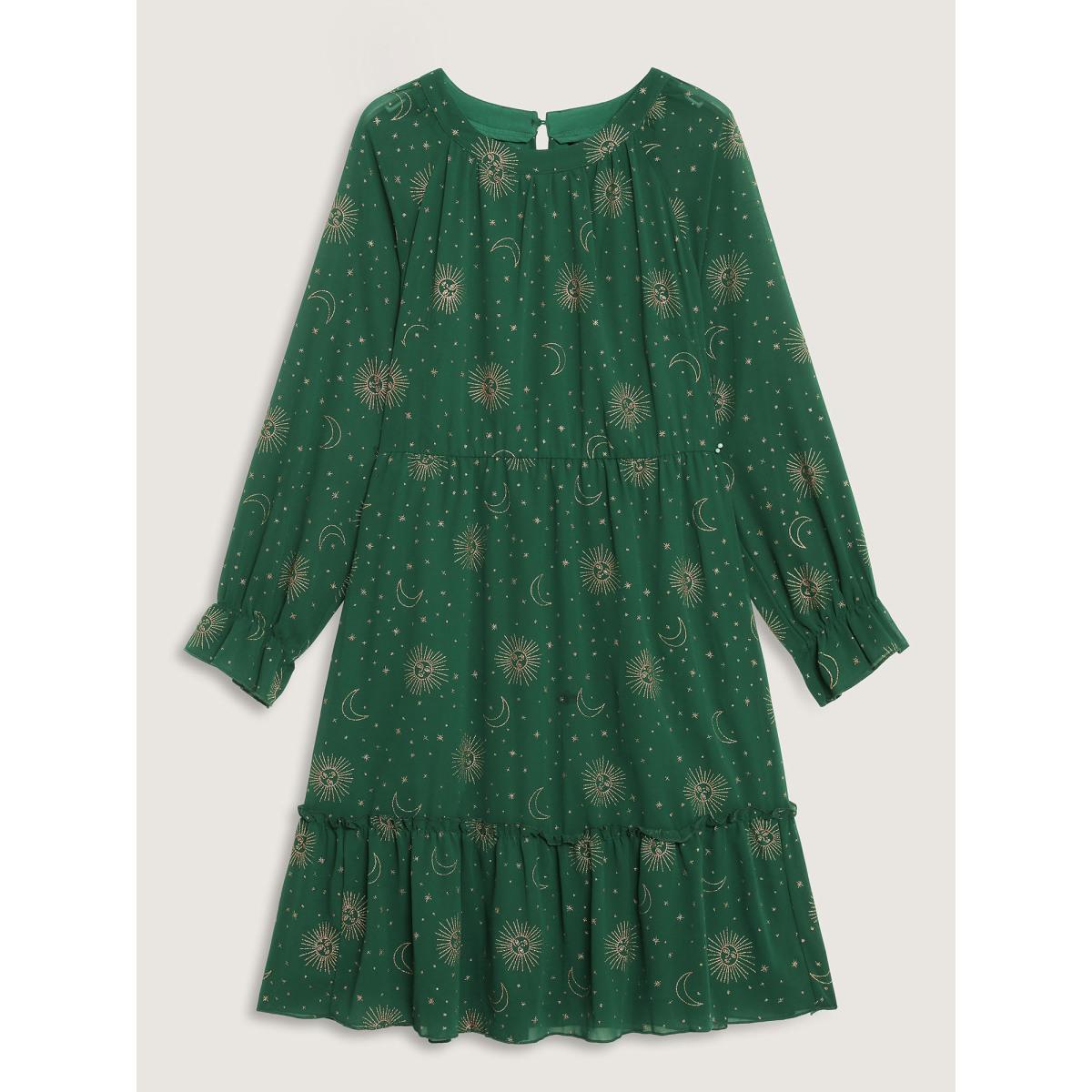 Plus Size Chiffon Gold Celestial Print Tiered Midi Dress DarkGreen Women Party&Cocktail Gathered Round Neck Extra Long Sleeve Curvy BloomChic 30/6X Product Image