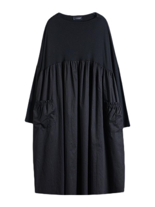 Simple Loose Black Split-Joint Long Sleeves Midi Dress Product Image