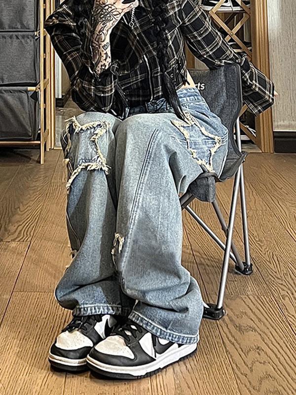 Vintage Wash Distressed Star Patch Boyfriend Jeans Product Image