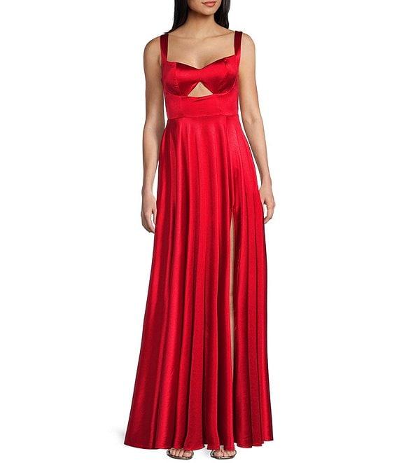 Honey and Rosie Sateen Sweetheart Neck Cut Out Front Slit Lace-Up Back A-Line Gown Product Image