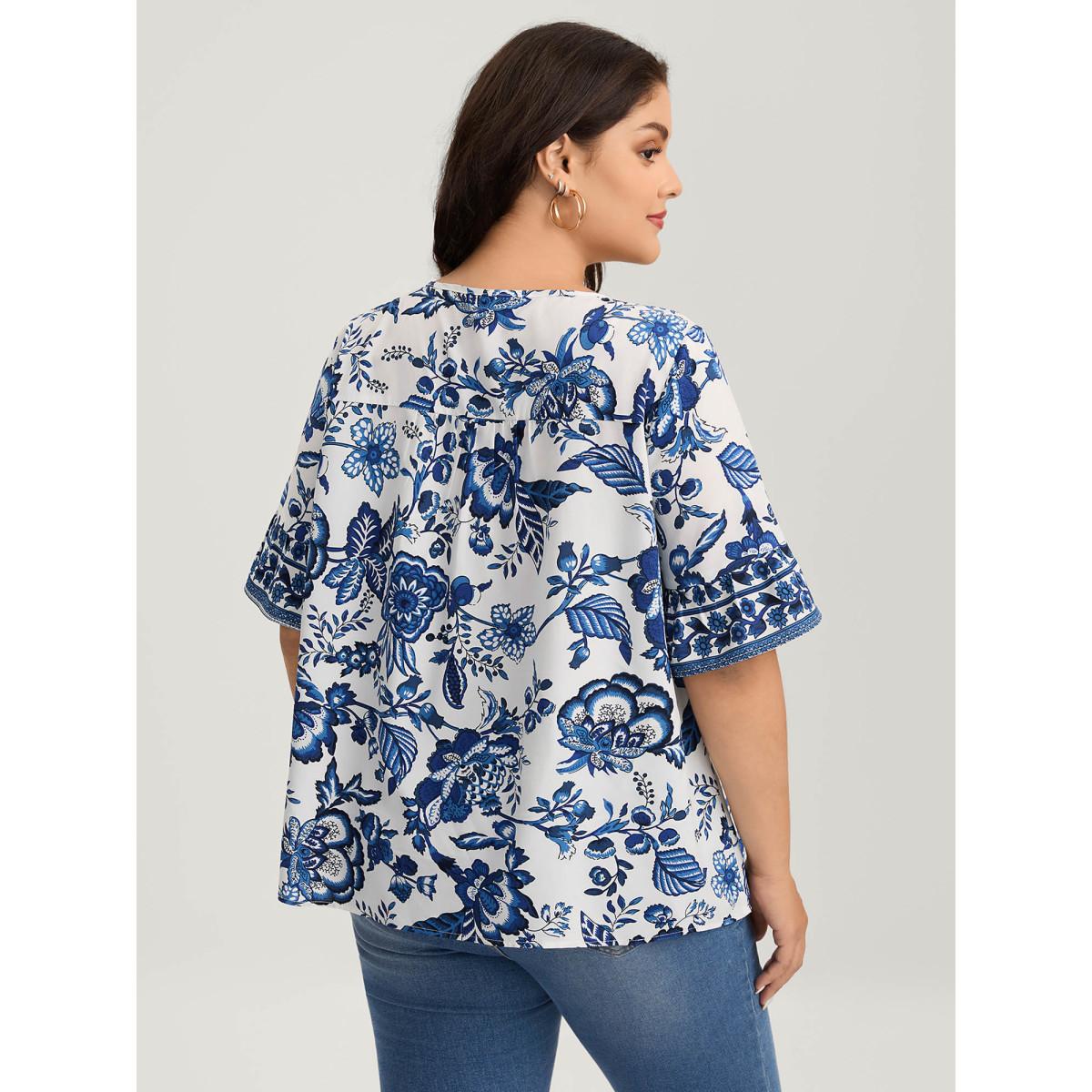 Plus Size Mediumblue Floral Print Neck Tassels Blouse Women Boho Half Sleeve V-neck Vacation Blouses BloomChic 28/5X Product Image