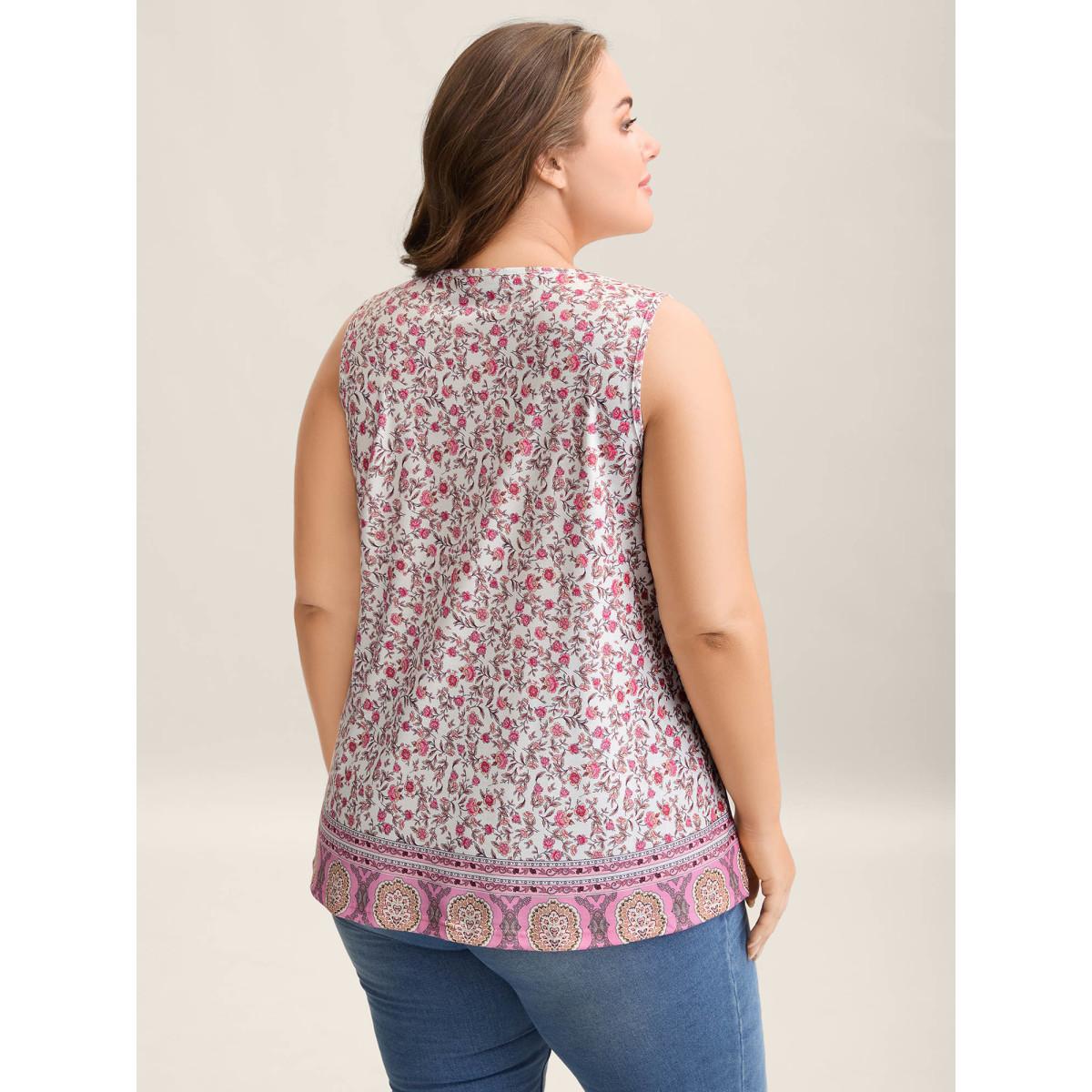 Plus Size Floral Print Pleated Front Sleeveless Tank Women Multicolor Casual Pleated Square Neck Everyday Tank Tops Camis BloomChic 10/M Product Image