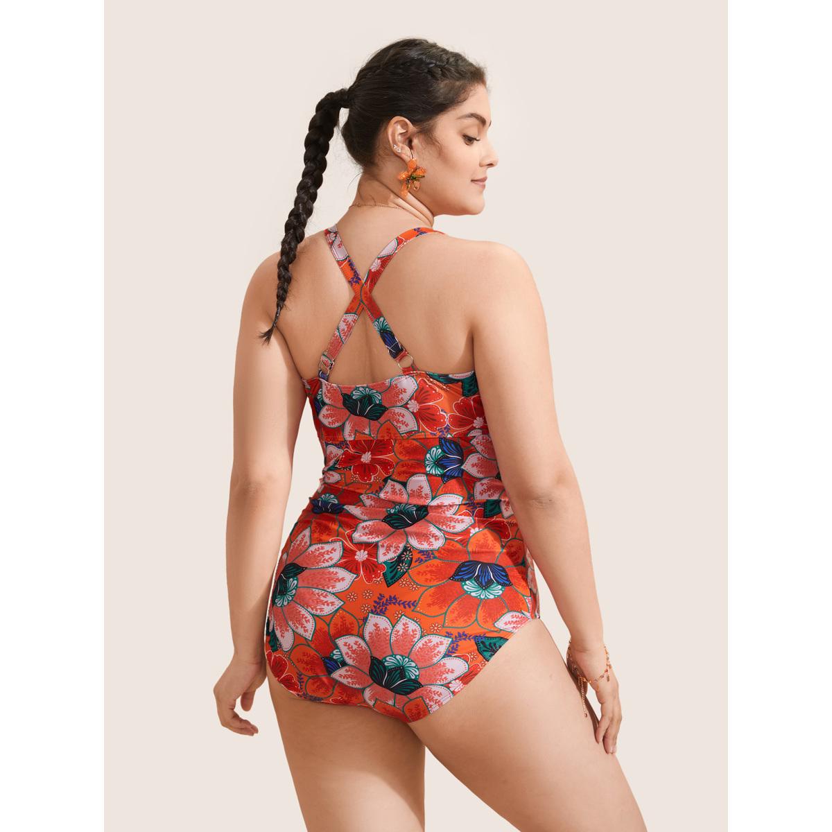 Plus Size Floral Ruched Crisscross Buckle Detail One Piece Swimsuit Women's Swimwear Multicolor Beach Gathered Curve Bathing Suits High stretch One Pieces BloomChic 26/4X Product Image