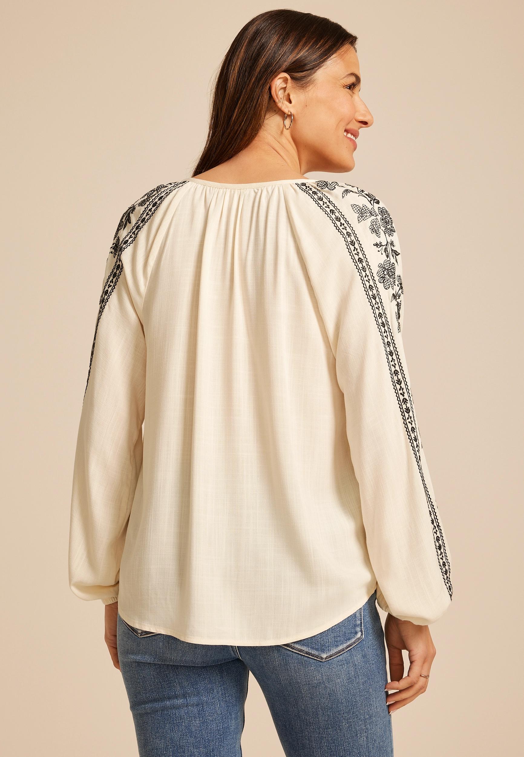 Embroidered Trim V Neck Blouse Product Image