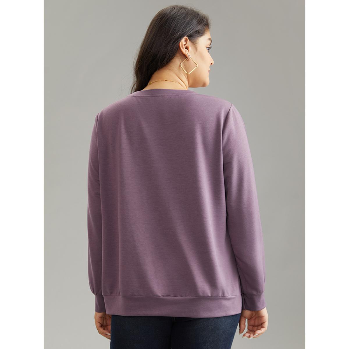 Plus Size Plain Button Detail Round Neck Knit Sweatshirt Women Mauve Casual Plain Round Neck Everyday Sweatshirts BloomChic 10/M Product Image