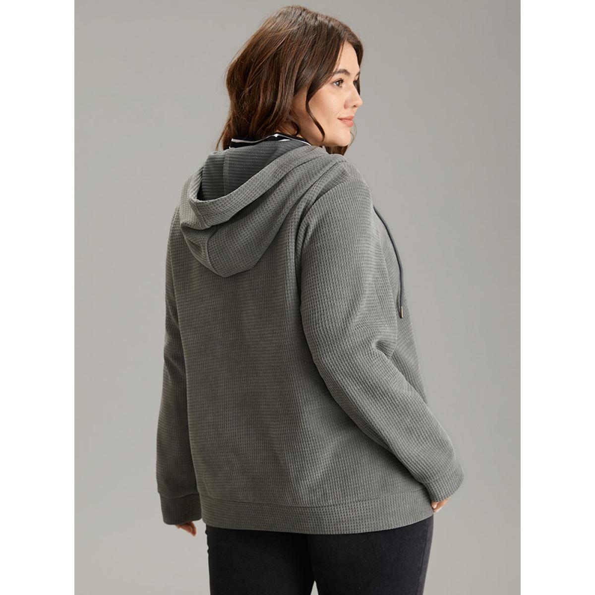 Plus Size Waffle Knit Plain Hooded Pocket Thick Sweatshirt Women DimGray Casual Waffle Knit Hooded Dailywear Sweatshirts BloomChic 22-24/3X Product Image
