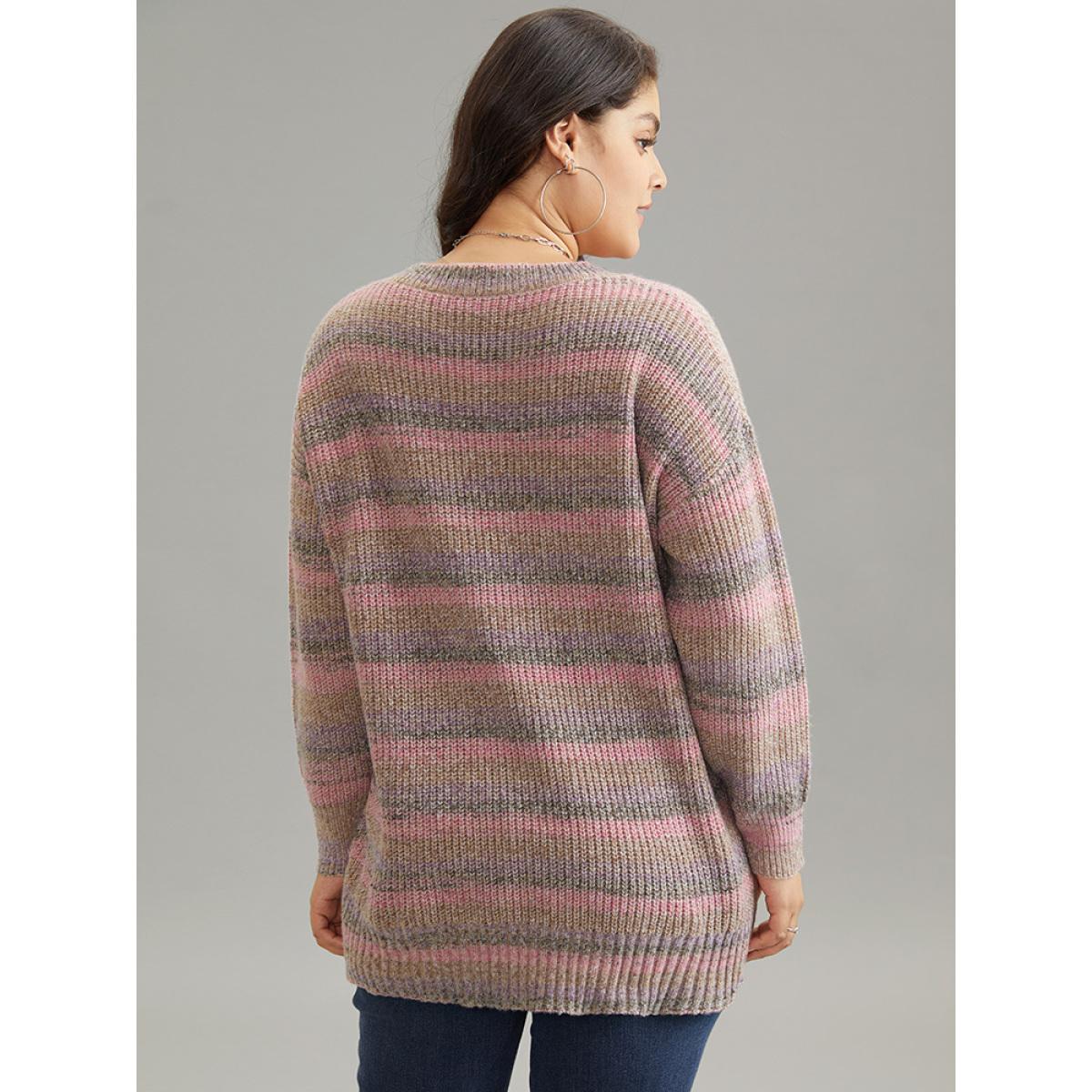 Plus Size Colorblock Ombre Heather Loose V Neck Pullover Multicolor Women Casual Loose Long Sleeve V-neck Everyday Pullovers BloomChic 18-20/2X Product Image