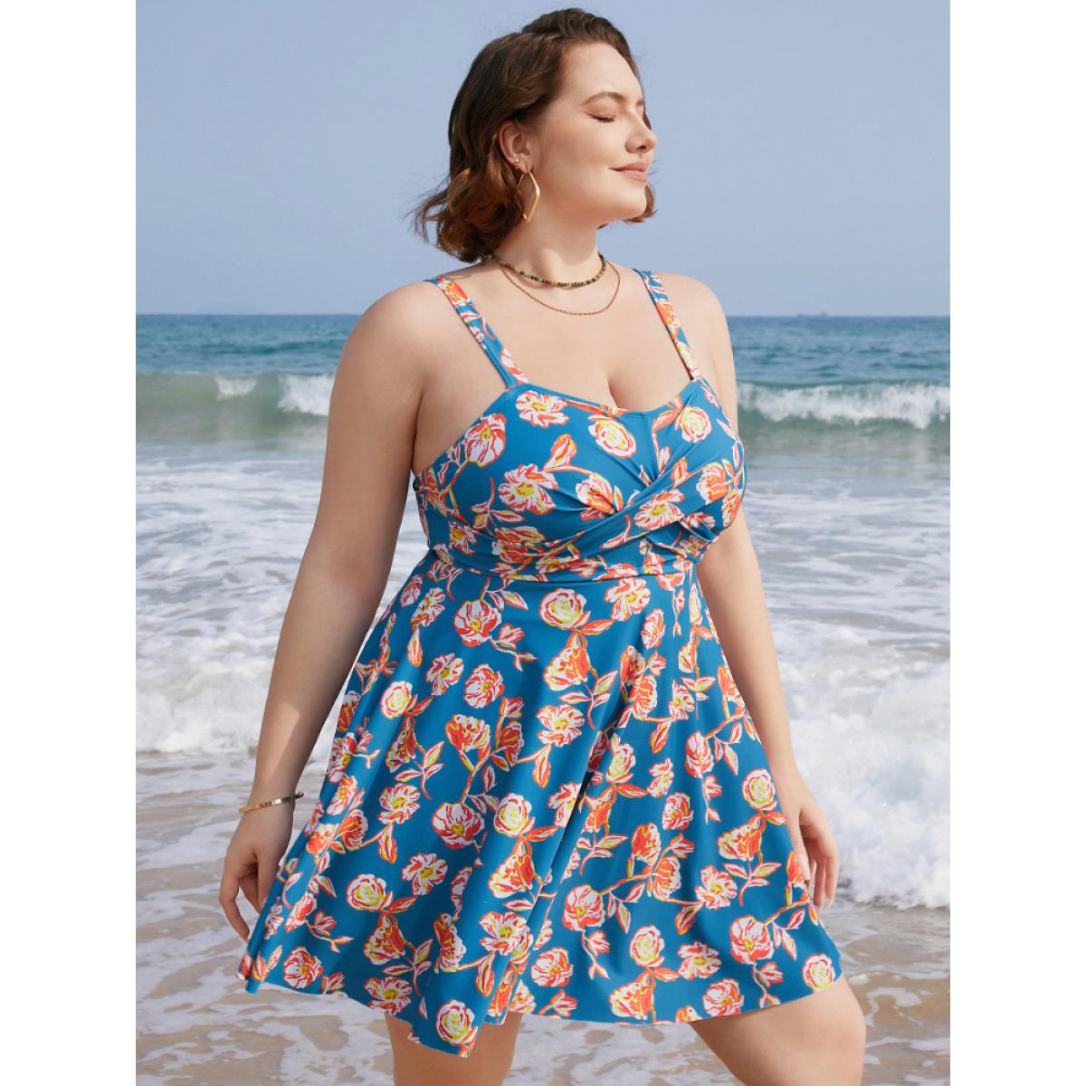 Plus Size Floral Contrast Crossover Front Ruffles Adjustable Straps Swim Dress Women's Swimwear Blue Vacation Bodycon High stretch Curve Swim Dresses BloomChic 28/5X Product Image
