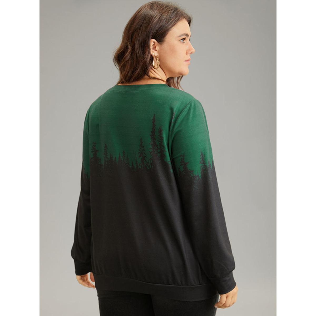 Plus Size Ombre Forest Contrast Crew Neck Sweatshirt Women DarkGreen Casual Printed Round Neck Dailywear Sweatshirts BloomChic 22-24/3X Product Image