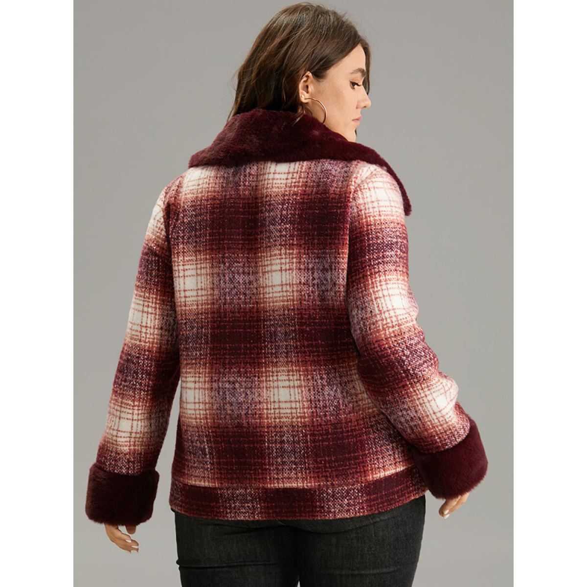 Plus Size Plaid Patchwork Button Through Fuzzy Trim Jacket Women Multicolor Lined Pocket Dailywear Jackets BloomChic 26/4X Product Image