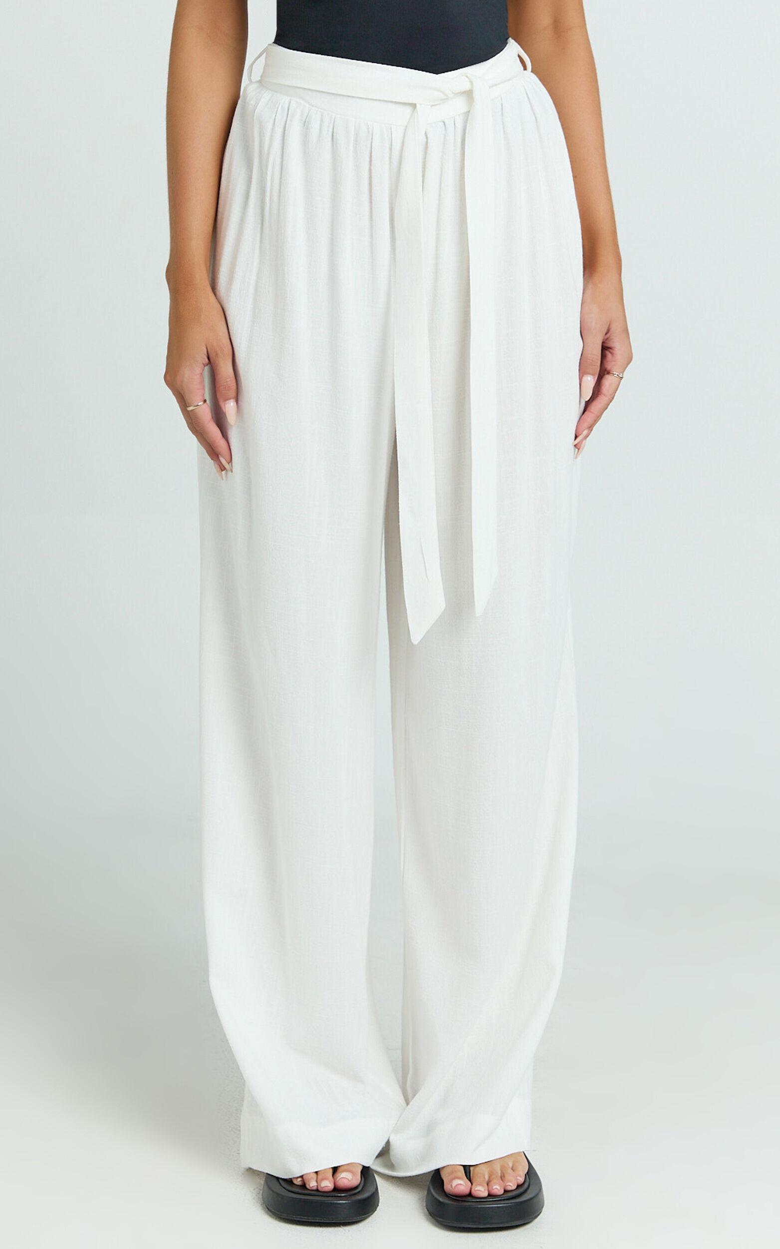 Kalli Pants - Linen Look Belted Wide Leg Relaxed Pants in White Product Image