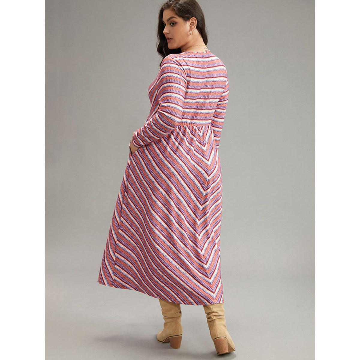 Plus Size Striped Elastic Waist Gathered Dress DustyPink Women Casual Printed V-neck Long Sleeve Curvy Midi Dress BloomChic 22-24/3X Product Image