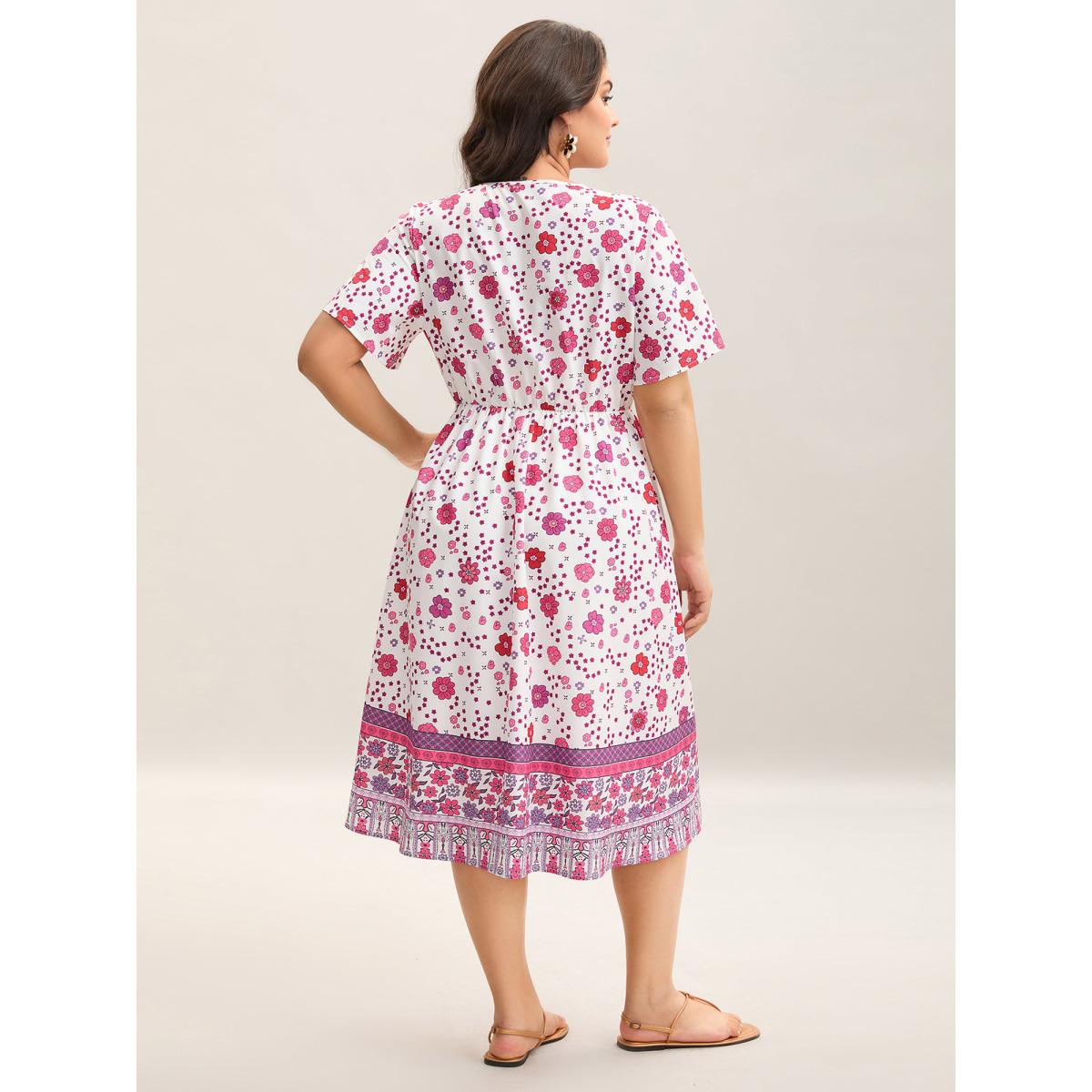 Plus Size Spring Floral Printed Surplice Neck Midi Dress Lilac Women Overlap Collar Short sleeve Curvy BloomChic 28/5X Product Image