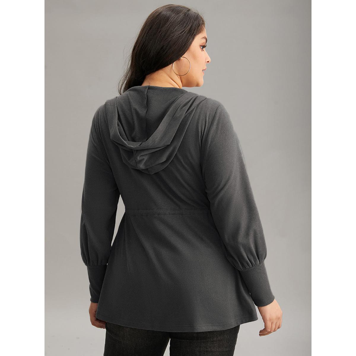 Plus Size Solid Drawstring Hooded Pocket Zipper Sweatshirt Women Gray Casual Plain Hooded Everyday Sweatshirts BloomChic 18-20/2X Product Image