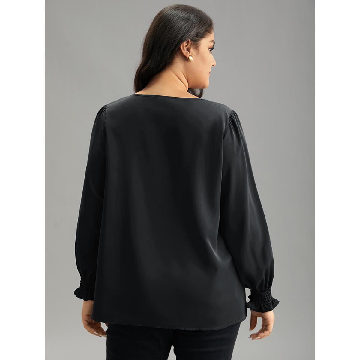 Plus Size Black Static-Free Plain Metal Detail Keyhole Shirred Blouse Women Office Long Sleeve Keyhole Cut-Out Office Blouses BloomChic 14-16/1X Product Image