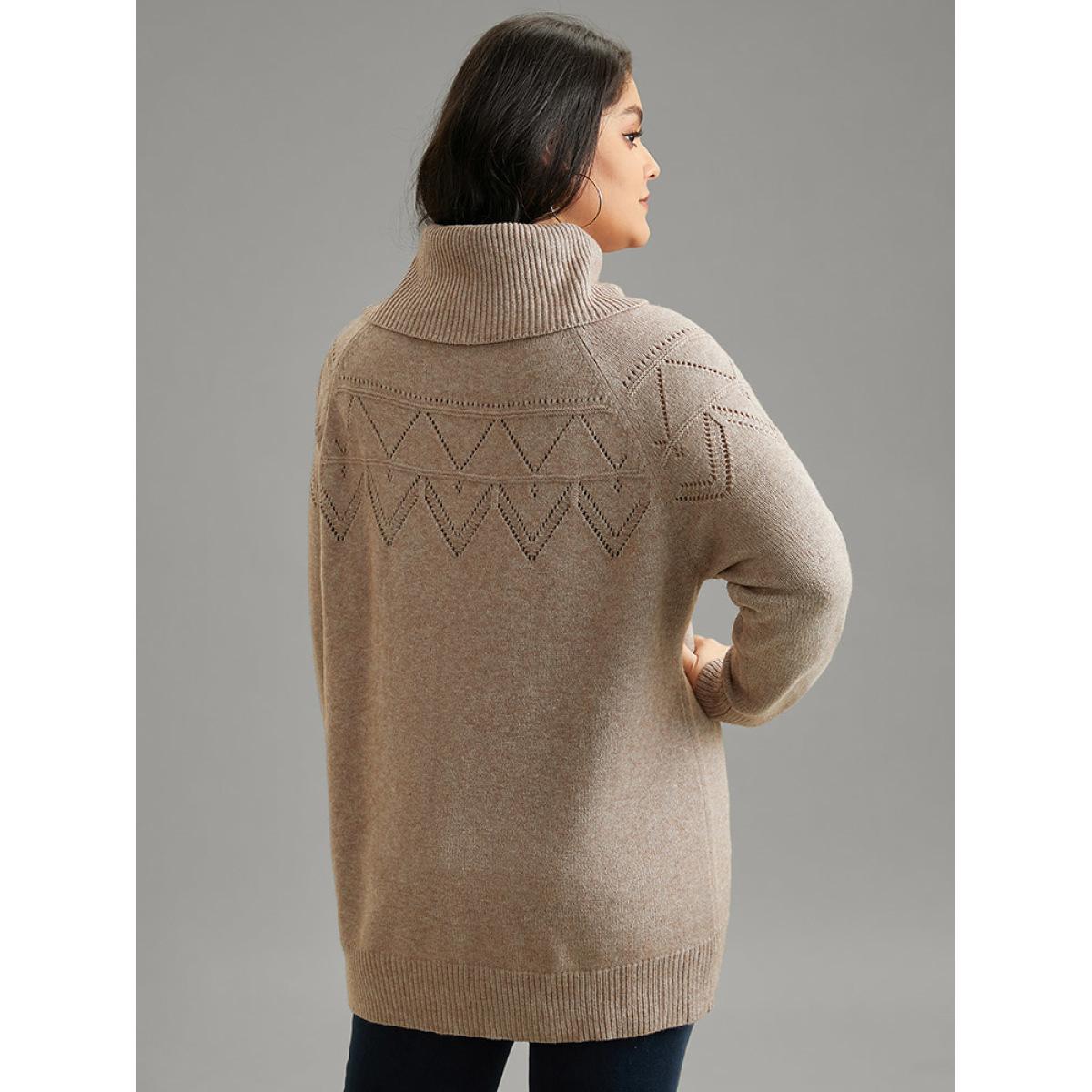 Plus Size Supersoft Essentials Anti-Pilling Turtle Neck Eyelet Pullover LightBrown Women Casual Loose Long Sleeve Turtleneck Dailywear Pullovers BloomChic 12/L Product Image