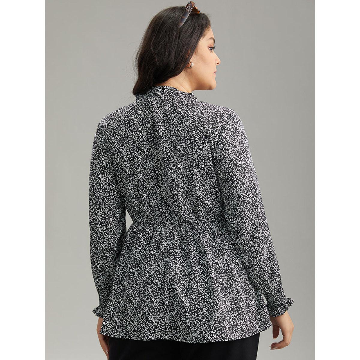 Plus Size Black Ditsy Floral Stand Collar Shirred Frill Trim Blouse Women Elegant Long Sleeve Stand-up collar Dailywear Blouses BloomChic 10/M Product Image