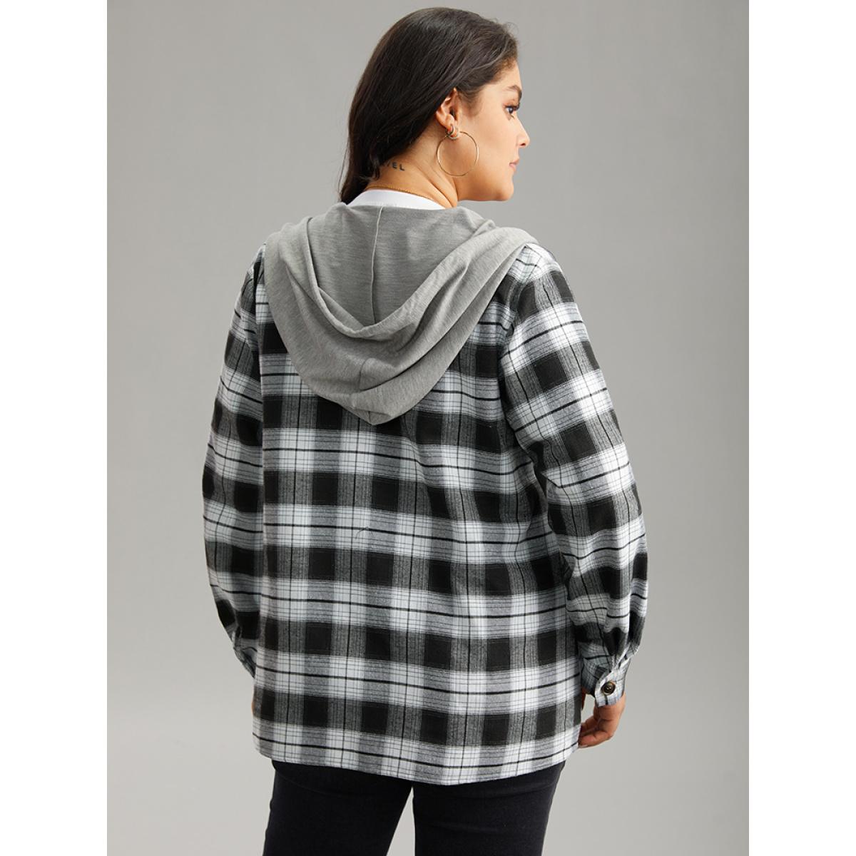 Plus Size Plaid Patchwork Hooded Drawstring Button Through Jacket Women Black Casual Jackets BloomChic 10/M Product Image