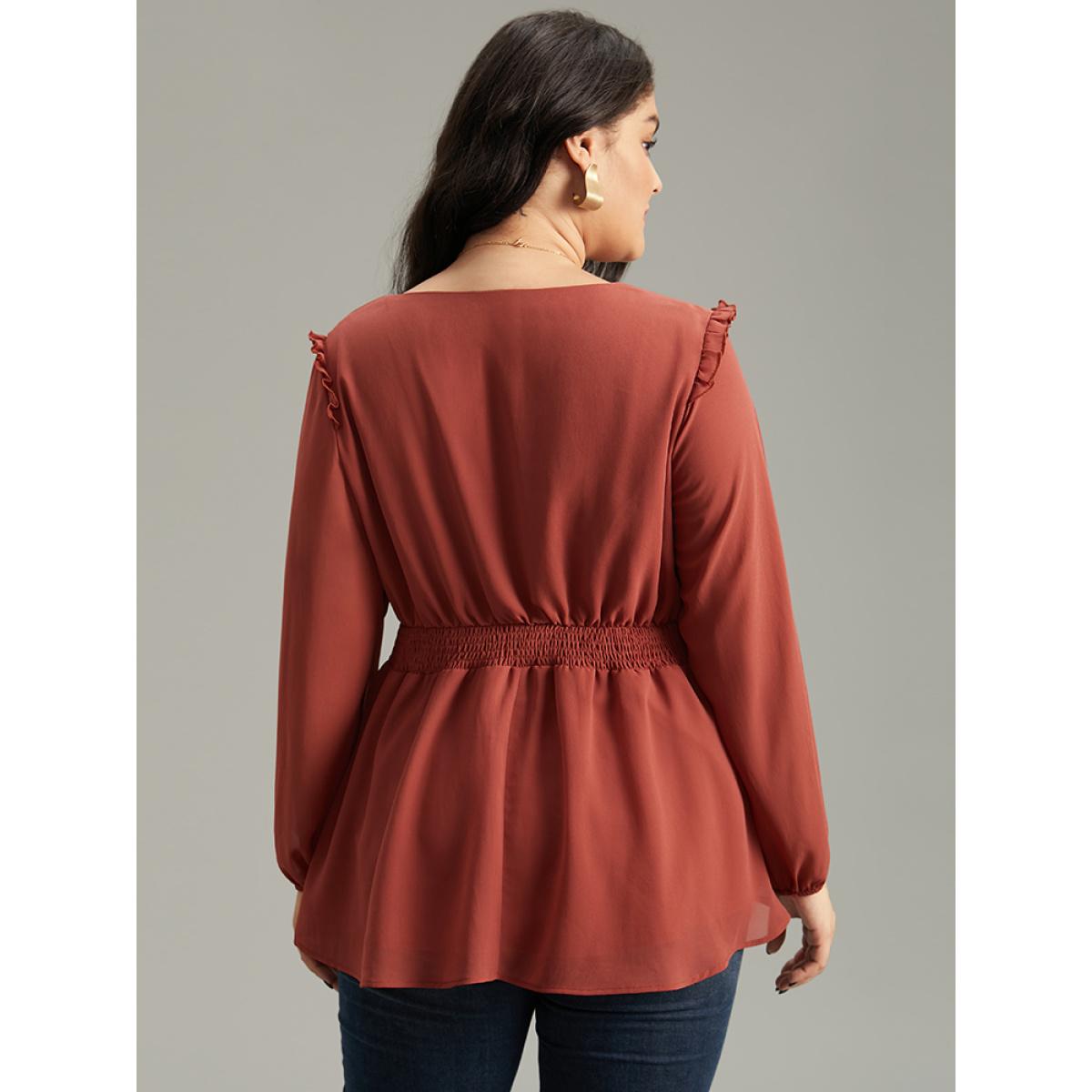 Plus Size Rust Chiffon Lace Up Shirred Frill Trim Blouse Women Office Long Sleeve V-neck Office Blouses BloomChic 18-20/2X Product Image