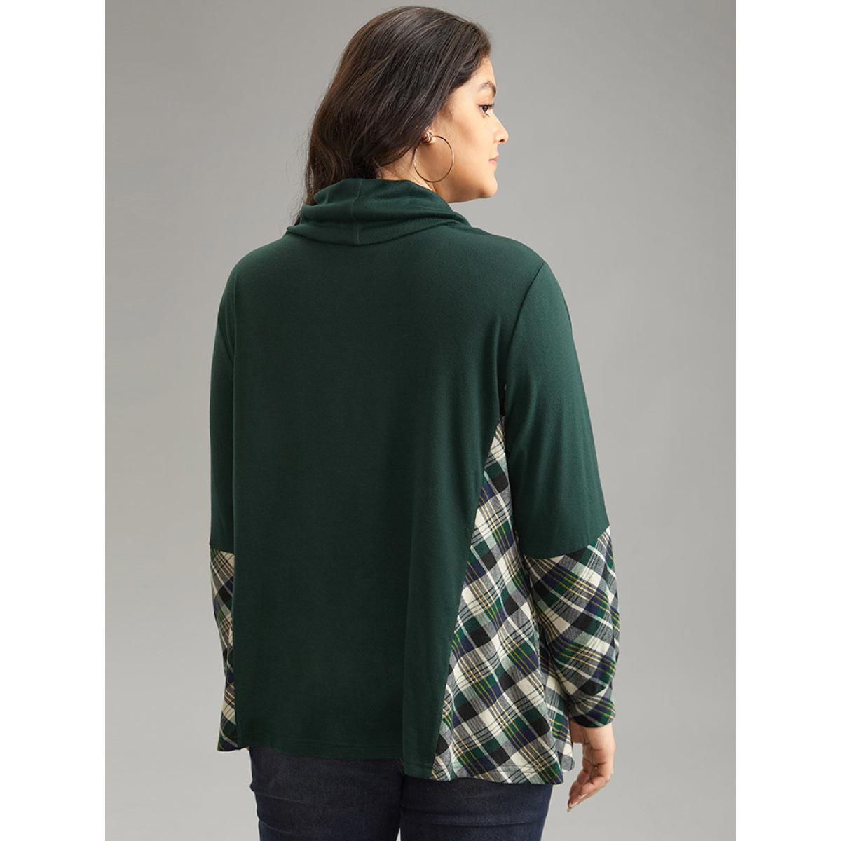 Plus Size Mock Neck Plaid Patchwork Knit T-shirt DarkGreen Women Casual Patchwork Plaid Mock Neck Dailywear T-shirts BloomChic 10/M Product Image
