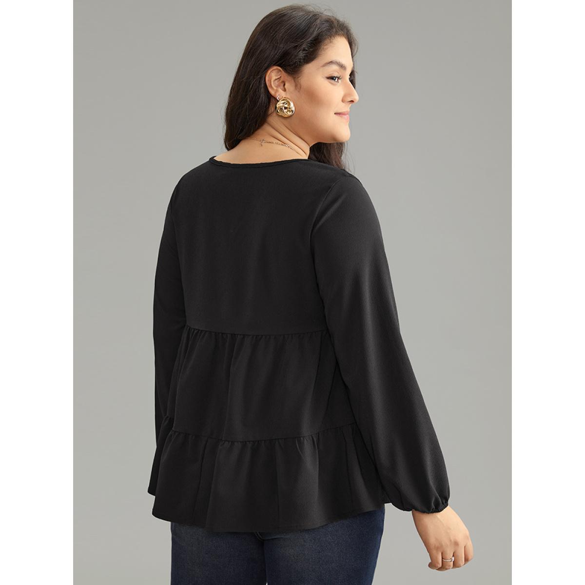 Plus Size Black Solid Textured Button Detail Ruffle Layered Hem Blouse Women Casual Long Sleeve V-neck Office Blouses BloomChic 14-16/1X Product Image