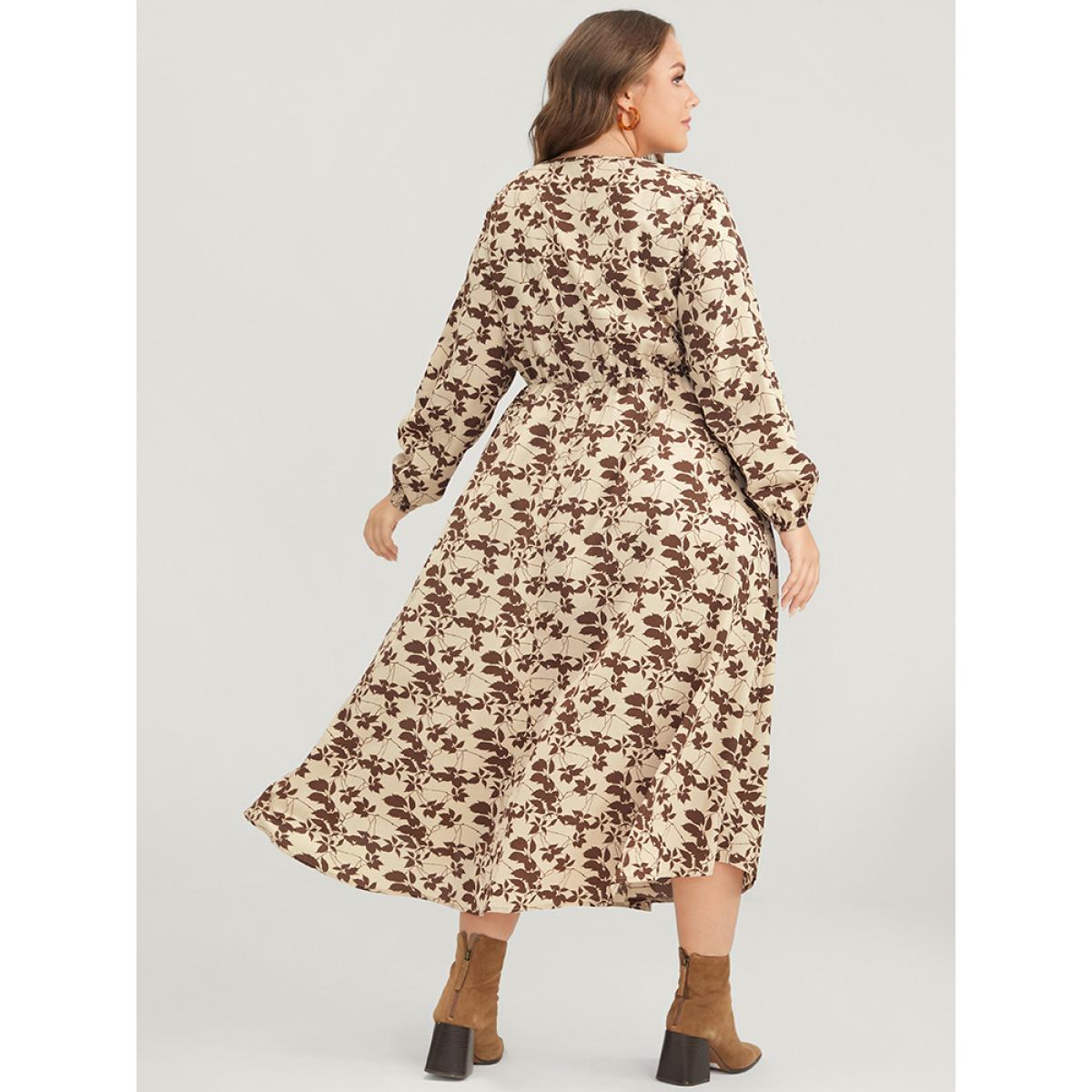 Plus Size Plant Print Pocket Lantern Sleeve Split Midi Dress Tan Women Elegant Pocket V-neck Long Sleeve Curvy Midi Dress BloomChic 14-16/1X Product Image