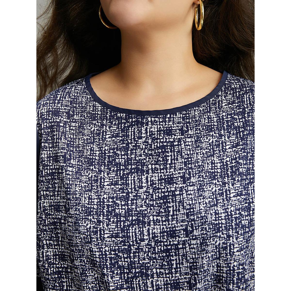 Plus Size DarkBlue Patchwork Crew Neck Ruffle Sleeve Blouse Women Vacation Long Sleeve Round Neck Dailywear Blouses BloomChic 22-24/3X Product Image