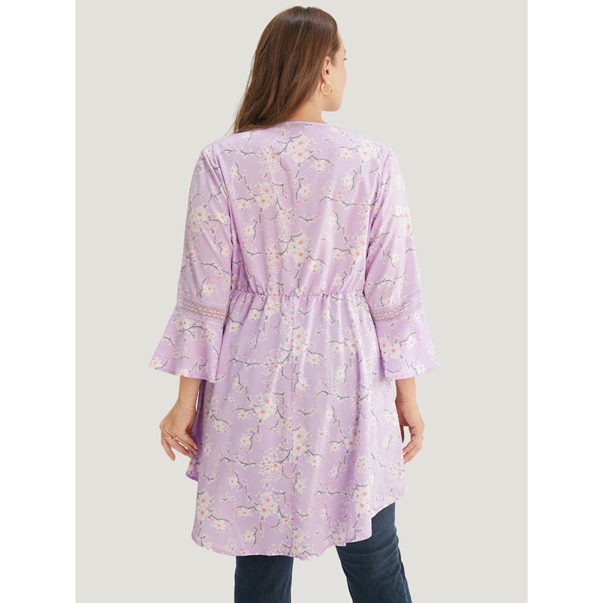 Plus Size Lilac Floral Bell Sleeve Button Through High Low Hem Blouse Women Elegant Elbow-length sleeve V-neck Dailywear Blouses BloomChic 28/5X Product Image