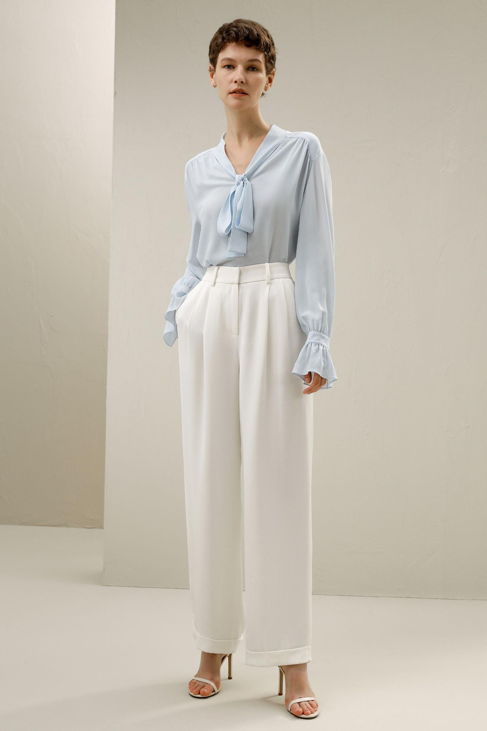 LILYSILK Womens Silk Shirt Long Sleeve Blue 100% Grade 6A Silk Lightweight Ribbon Tops XXS Product Image