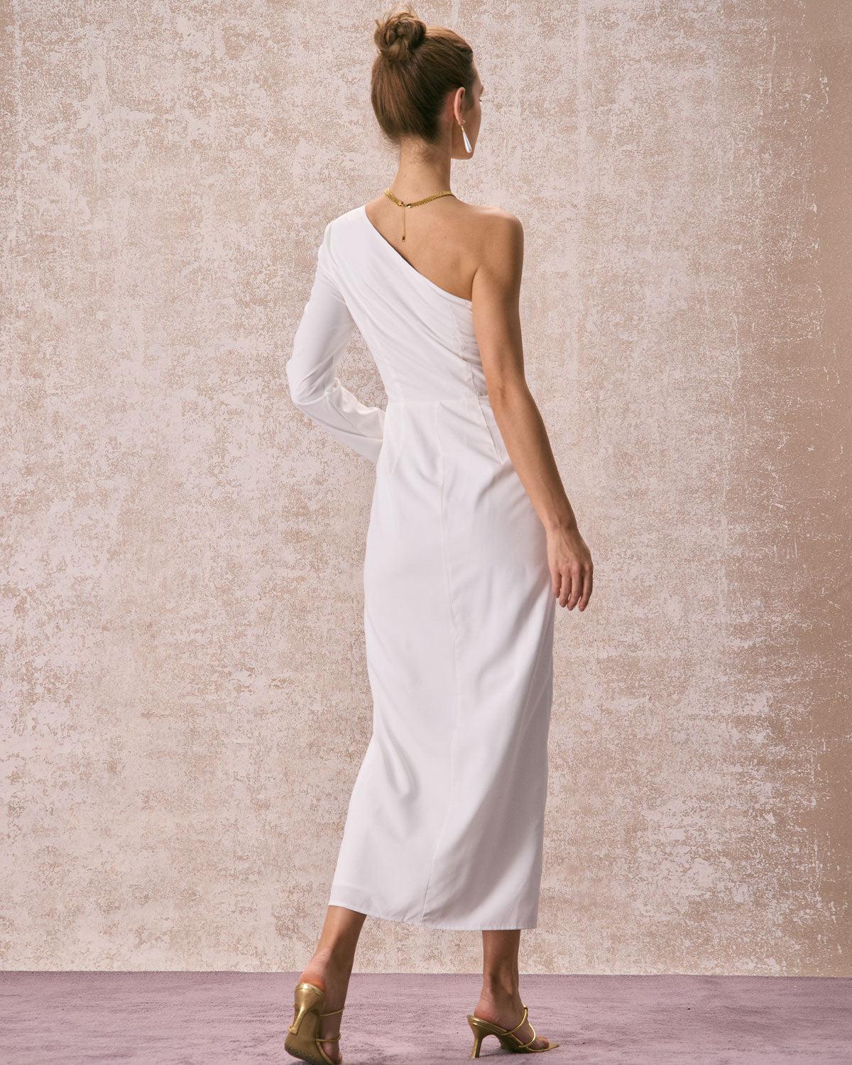 The White One Shoulder Slit Maxi Dress Product Image