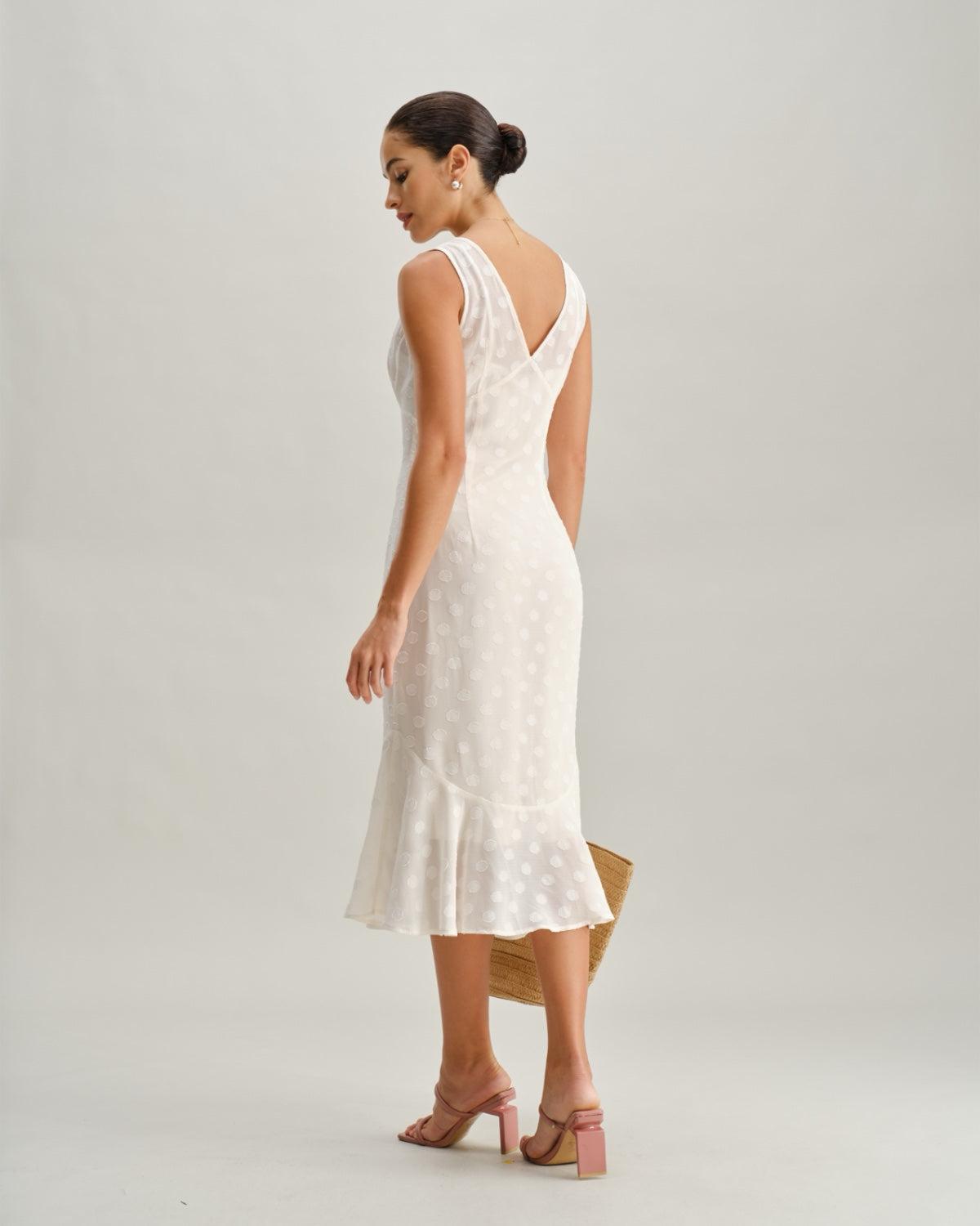 Beige Polka Dot V-Neck Midi Dress Product Image