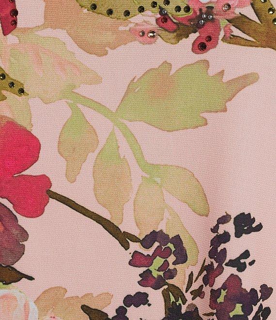 Allison Daley Petite Size Pansy Garden Print Embellished 3/4 Ruched Tie Sleeve Square Neck Knit Top Product Image