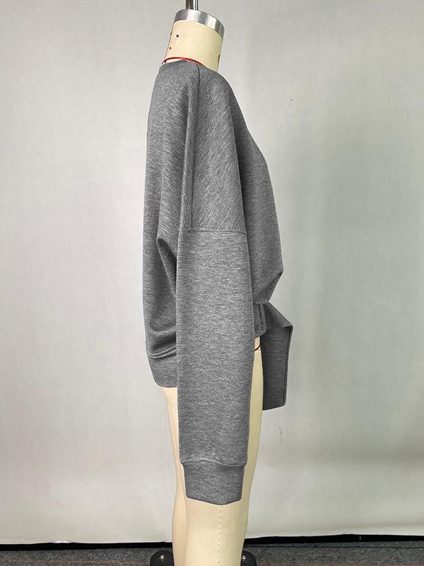 Long Sleeves Loose Belt Buckle Solid Color Round-Neck Sweatshirt Tops Product Image