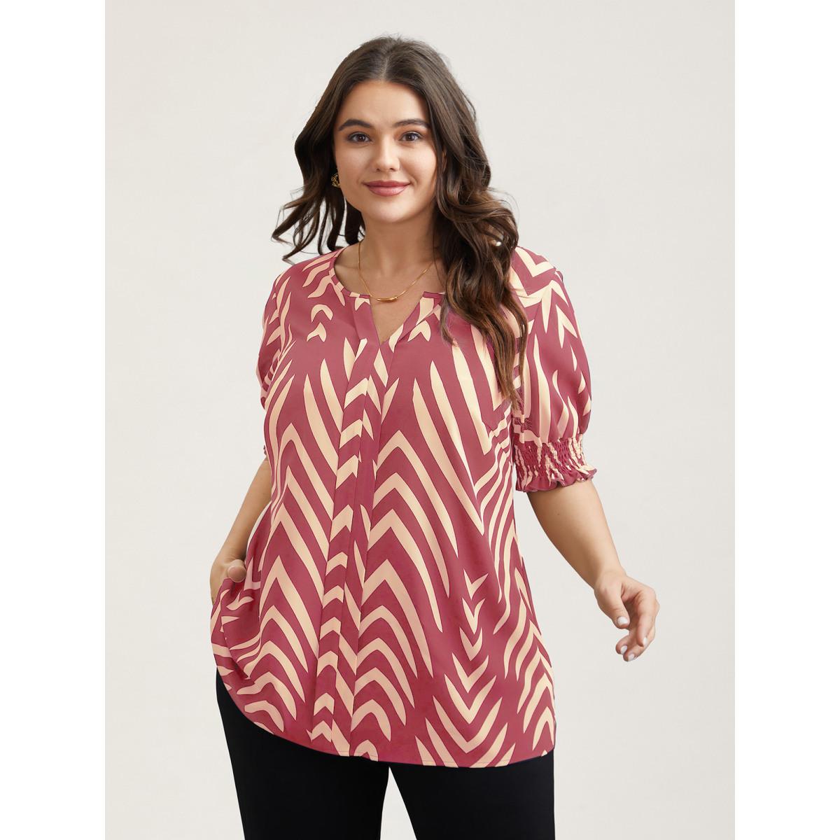 Plus Size Peach Geometric Print Ruffled Shirred Shirt Women At the Office Half Sleeve Flat collar with V-notch Work Blouses BloomChic 22-24/3X Product Image