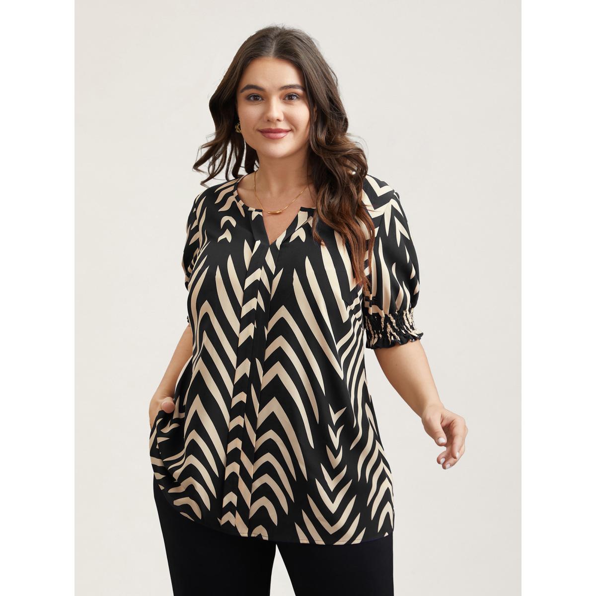 Plus Size Black Geometric Print Ruffled Shirred Shirt Women Office Half Sleeve Flat collar with V-notch Office Blouses BloomChic 26/4X Product Image