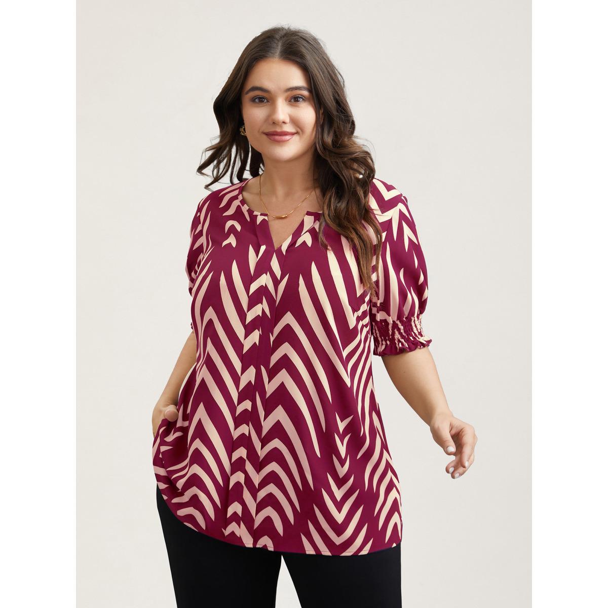 Plus Size Black Geometric Print Ruffled Shirred Shirt Women Office Half Sleeve Flat collar with V-notch Office Blouses BloomChic 26/4X Product Image