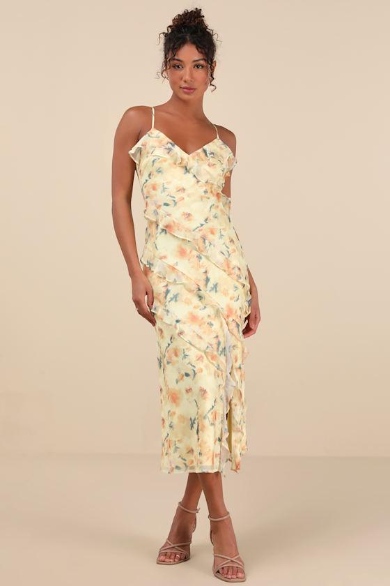 Dreamy Personality Yellow Floral Ruffled Sleeveless Midi Dress Product Image