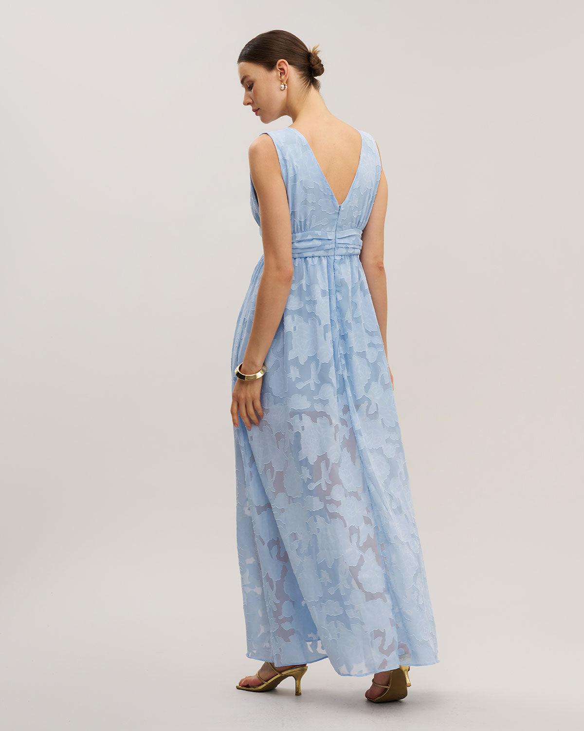 Blue Jacquard Slit Sleeveless Maxi Dress Product Image