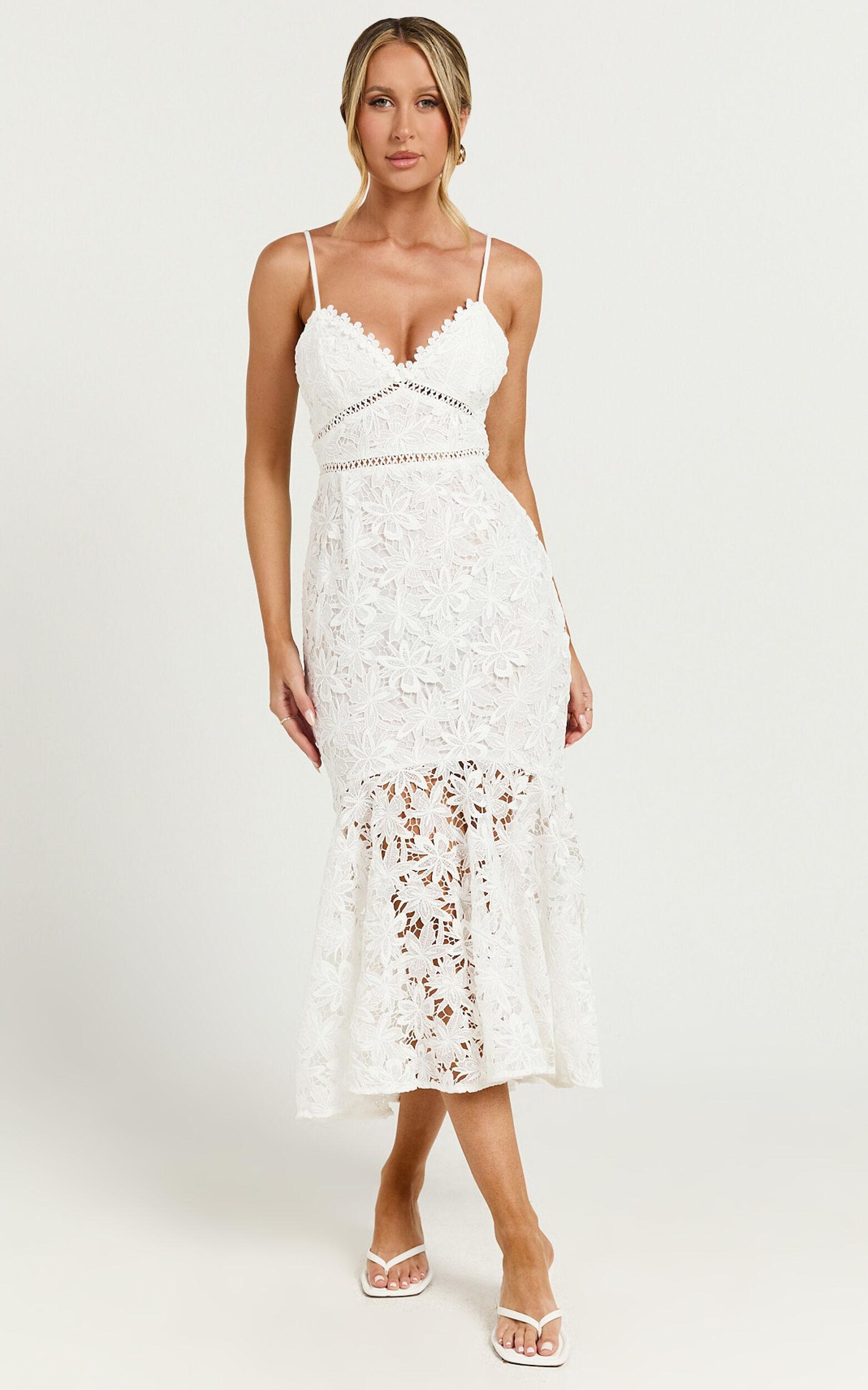 Aracely Midi Dress - Strappy Sweetheart Lace Mermaid Dress in White Product Image