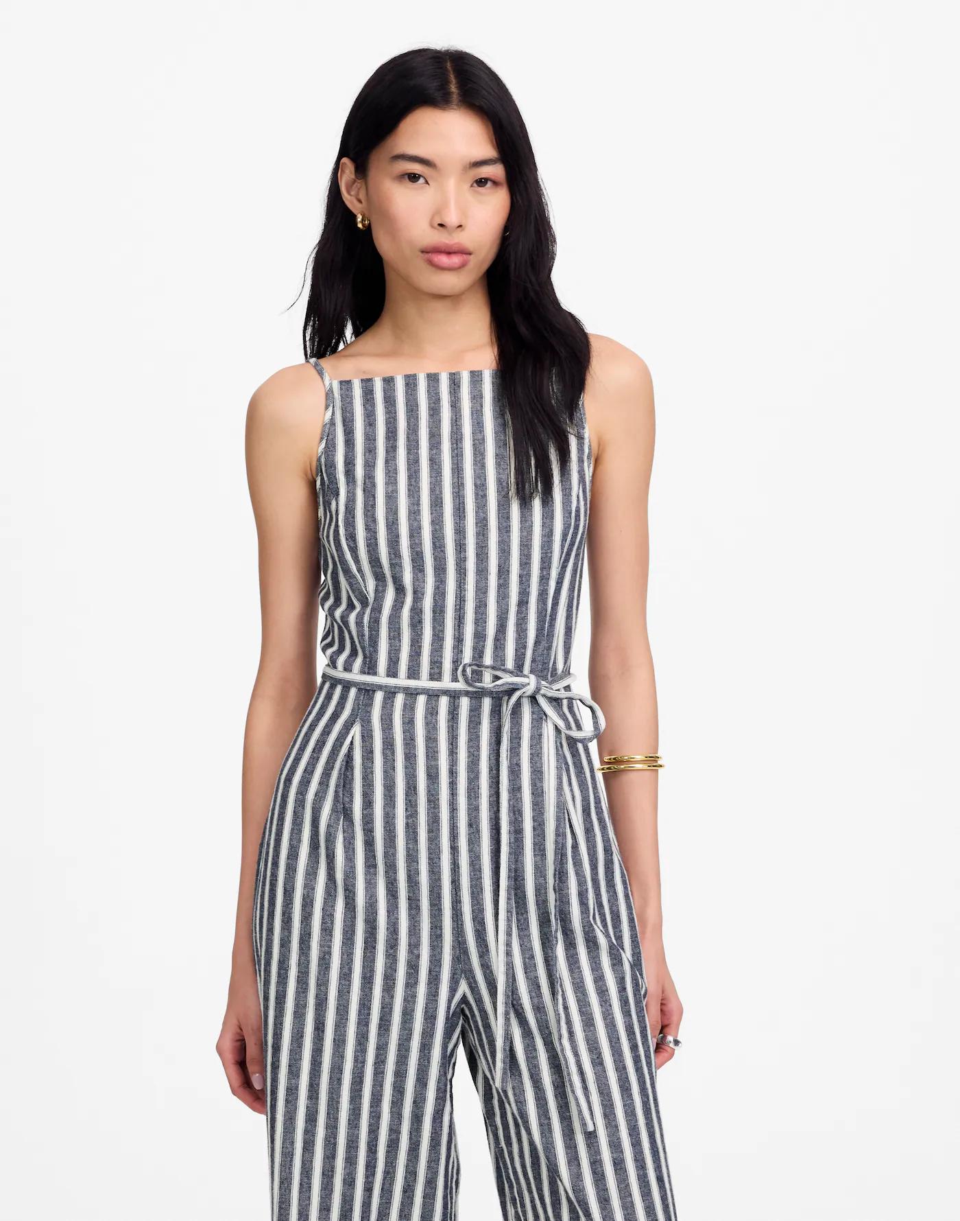 Pleated Wide-Leg Jumpsuit in Pinstripe Linen Product Image
