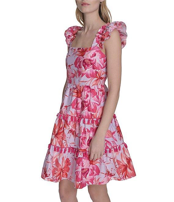 Eliza J Poplin Floral Print Square Neck Cap Sleeve Fit and Flare Mini Dress Product Image
