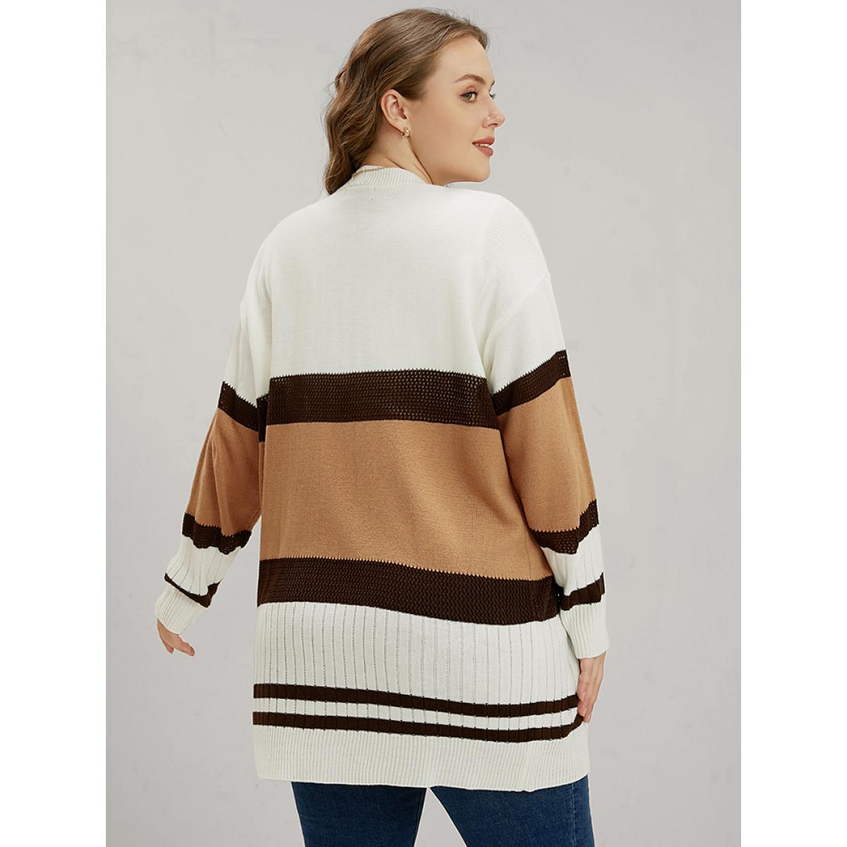 Plus Size Colorblock Contrast Pointelle Knit Eyelet Open Front Cardigan Multicolor Women Casual Loose Long Sleeve Dailywear Cardigans BloomChic 10/M Product Image