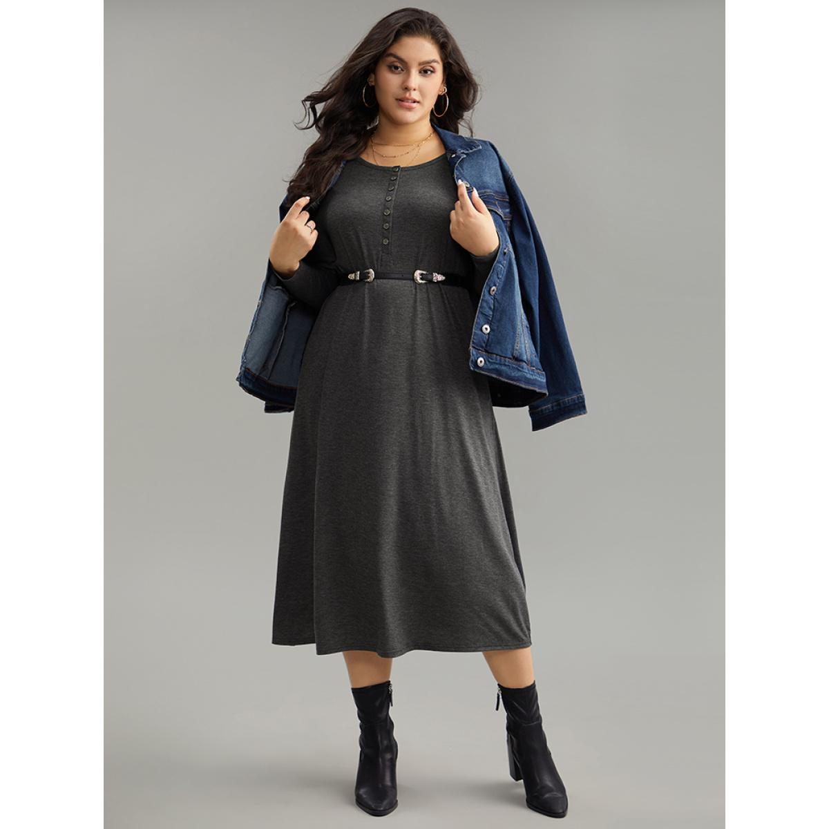 Plus Size Supersoft Solid Button Up Pocket Dress DimGray Women Timeless Non Round Neck Long Sleeve Curvy Midi Dress BloomChic 30/6X Product Image