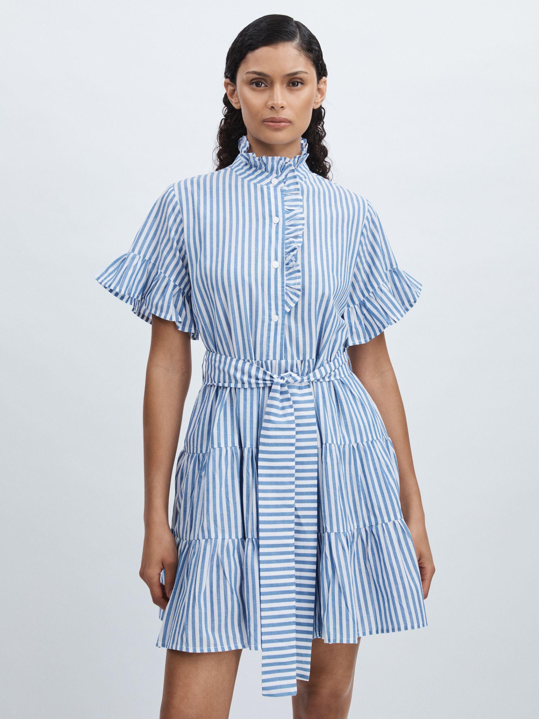 Mille 100% Cotton Striped Tiered Mini Dress in Blue Stripe Product Image