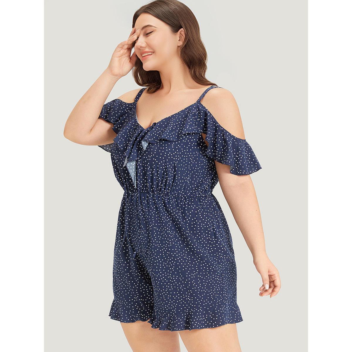 Plus Size DarkBlue Polka Dot Ruffle Trim Tie Neck Cut Out Elastic Waist Jumpsuit Women Elegant Sleeveless Cold Shoulder Dailywear Loose Jumpsuits BloomChic 18-20/2X Product Image