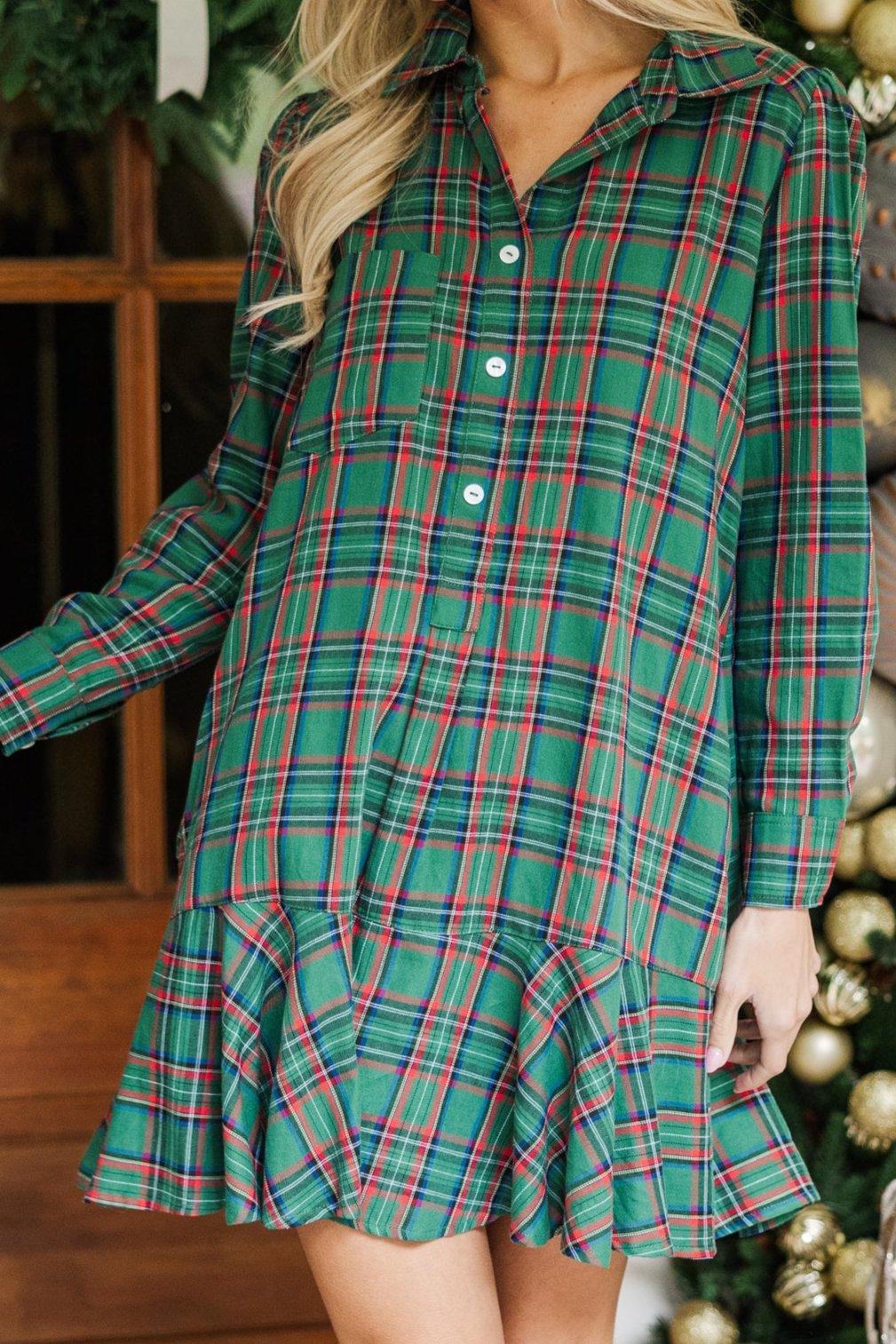 Share Your Story Green Plaid Shirt Dress Female Product Image